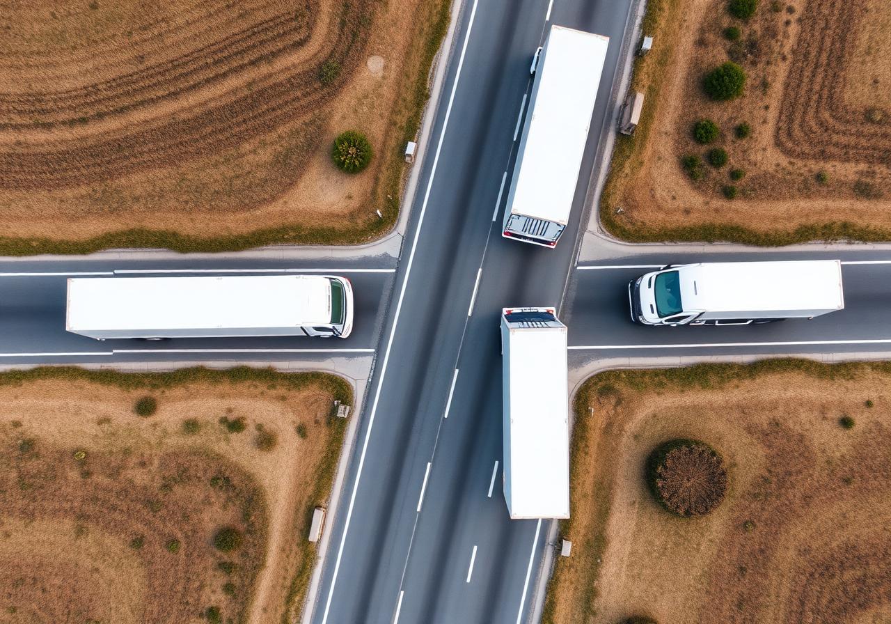Vista aerea di camion AB Spedizioni in viaggio sulla rete autostradale italiana