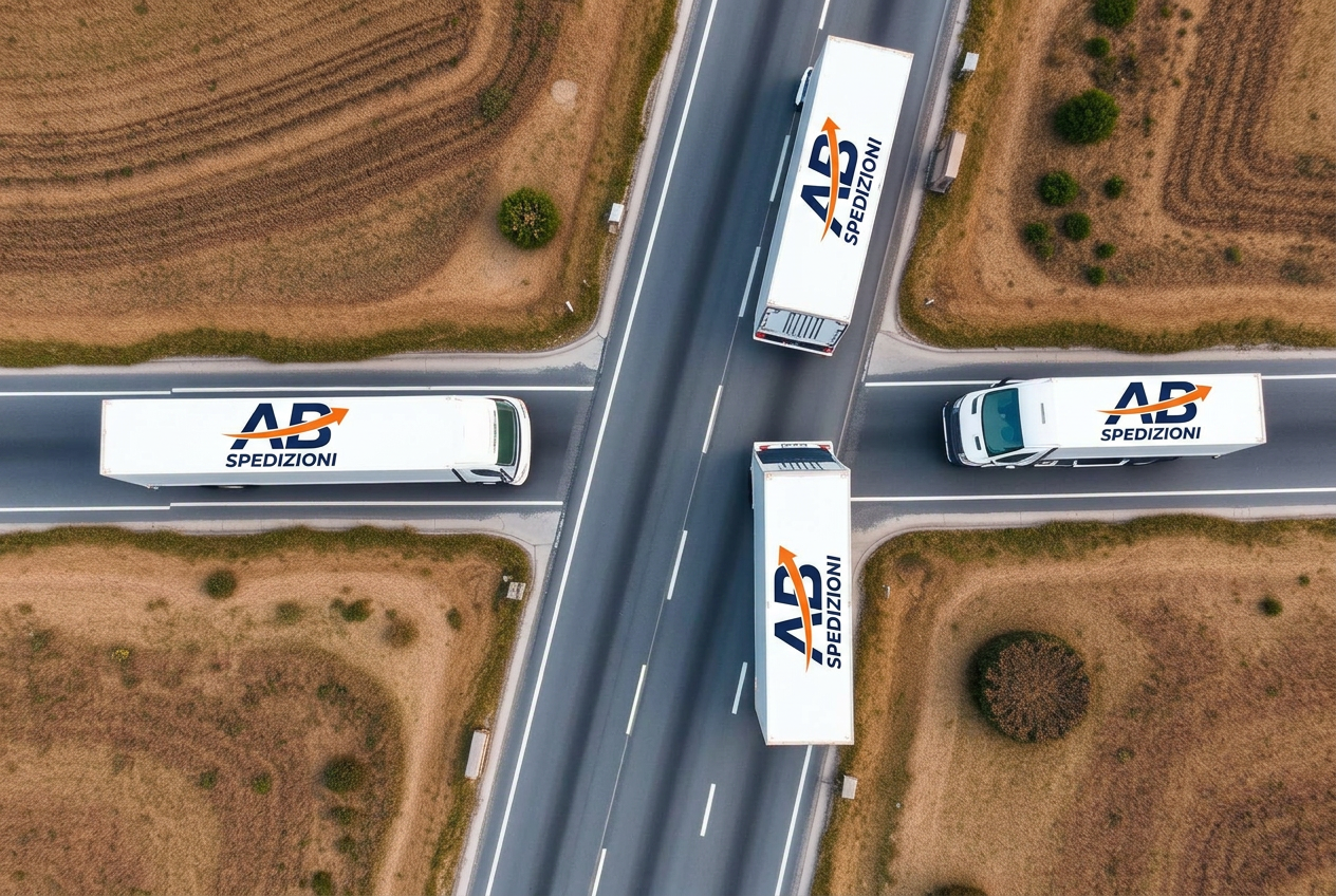 Vista aerea di camion AB Spedizioni in viaggio sulla rete autostradale italiana
